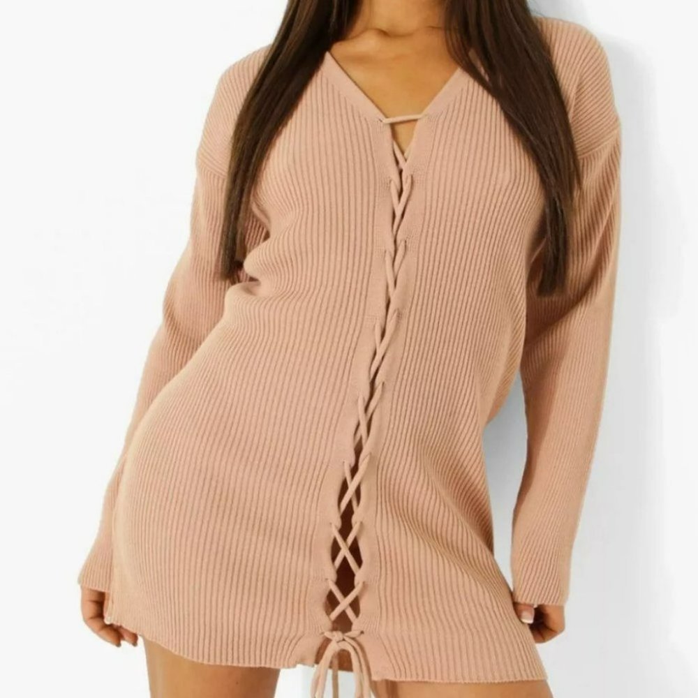 BOOHOO dress or tunic , ribbed, lace up front